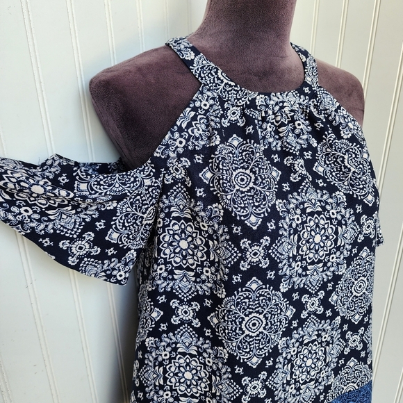 Iz Byer Blouse Top Womens Multi Floral Cold Shoulder Sleeve Halter Neck Blue S - Picture 2 of 11